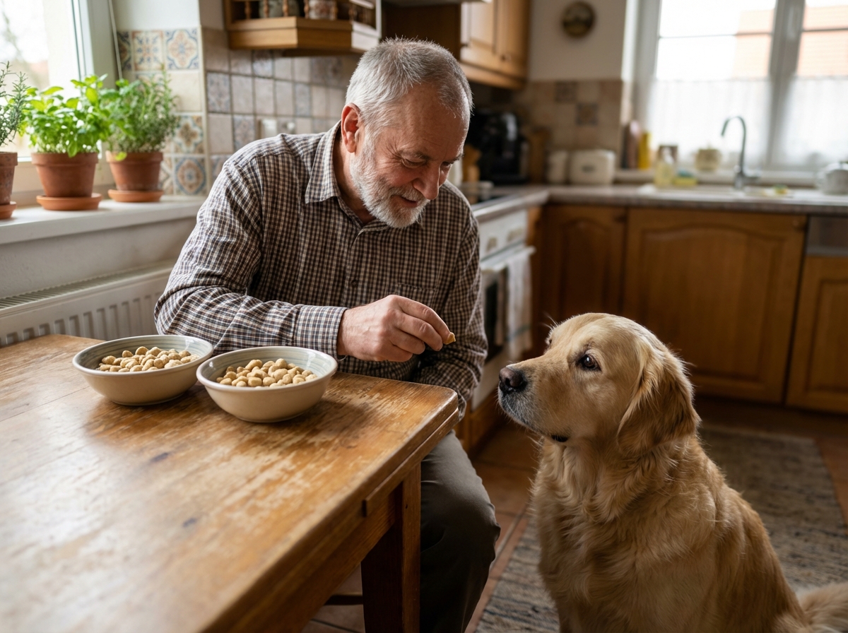 Senior avec son chien choisissant des croquettes dans la cuisine
