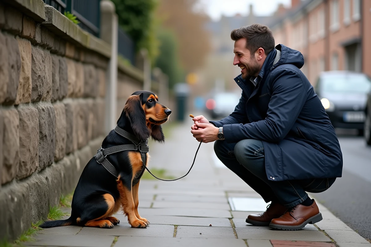 Homme en train de socialiser un Basset Griffon Vendéen craintif dans une rue résidentielle calme avec une friandise