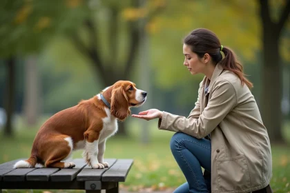 Basset Griffon Vendéen peureux sur un banc de parc avec une femme qui lui tend la main doucement pour le socialiser