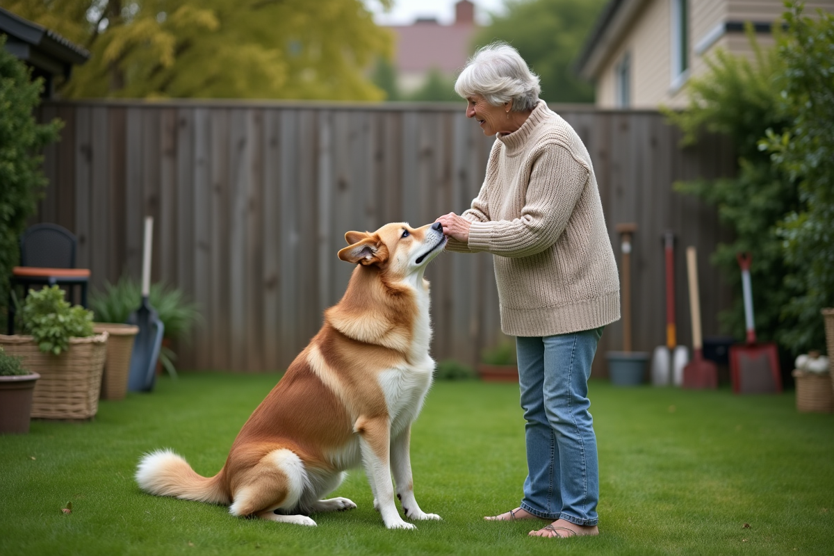 Femme soignant un chien dans un jardin verdoyant