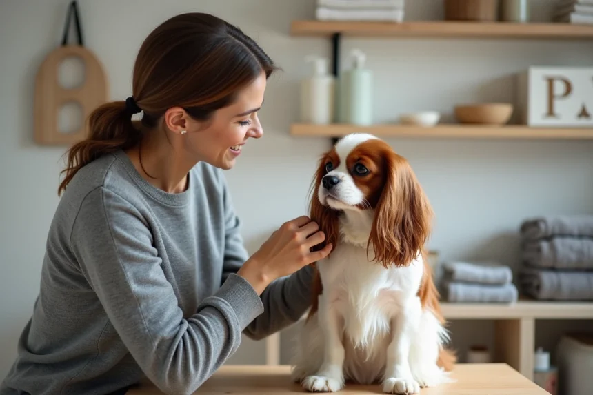 Femme en pull gris brossant un petit chien spaniel