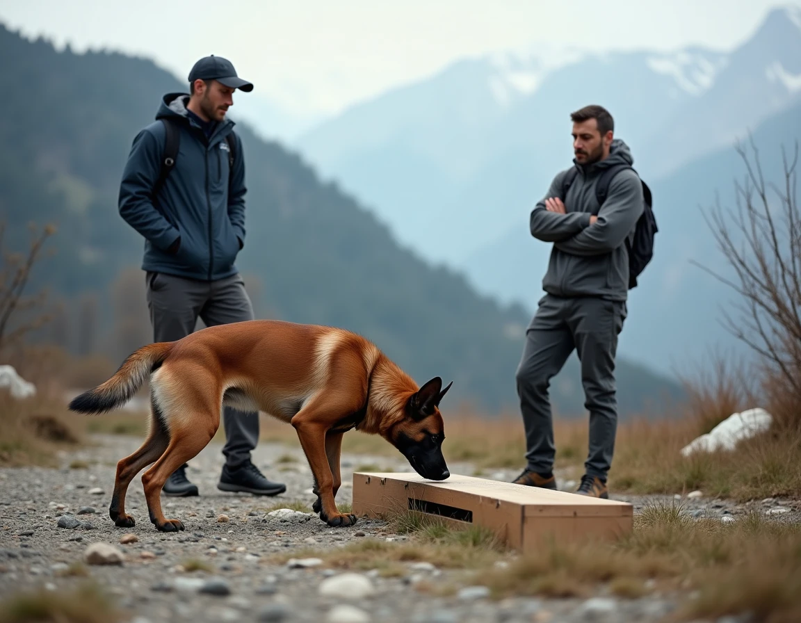 Un éducateur de Sport Éducation Canine de Vizille supervise un Malinois en exercice de détection olfactive dans un paysage montagnard de l'Isère