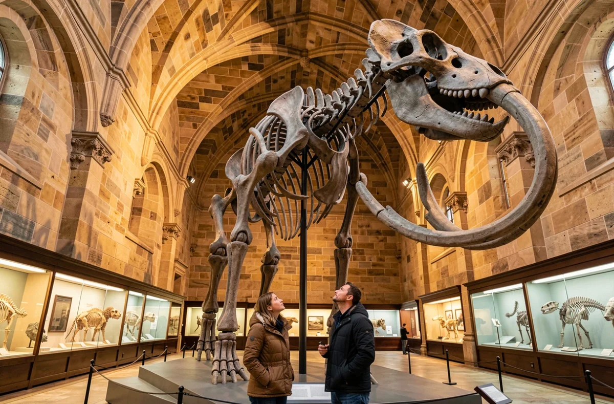 Squelette de mammouth laineux reconstitué exposé dans une galerie de musée d'histoire naturelle avec des visiteurs admiratifs