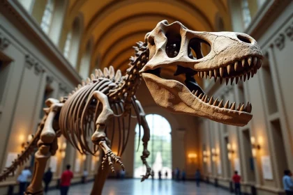 Squelette fossile de Tyrannosaurus rex exposé dans un musée d'histoire naturelle pour débuter en paléontologie