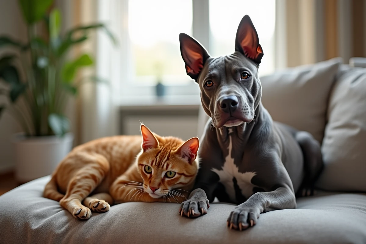 Staffie bleu adulte assis sur un canapé à côté d'un chat roux dans un appartement moderne, cohabitation sereine entre les deux animaux