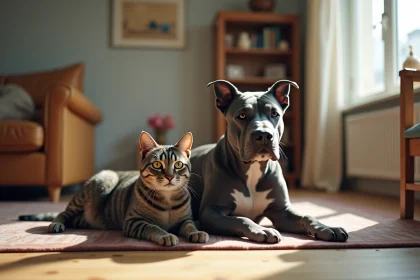 Staffie bleu adulte couché paisiblement à côté d'un chat tigré sur un plancher en bois dans un salon domestique