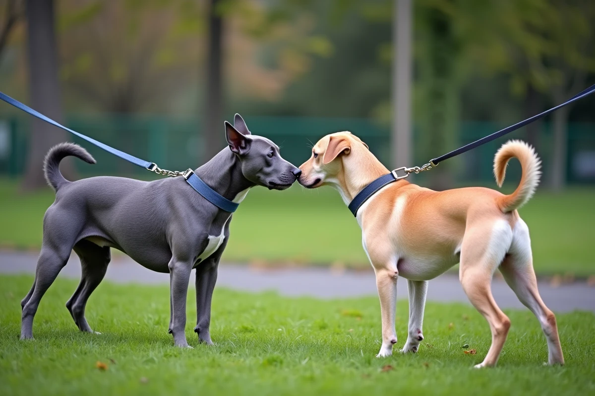 Staffie bleu adulte rencontrant un Labrador doré dans un parc urbain, les deux chiens se reniflant calmement en laisse