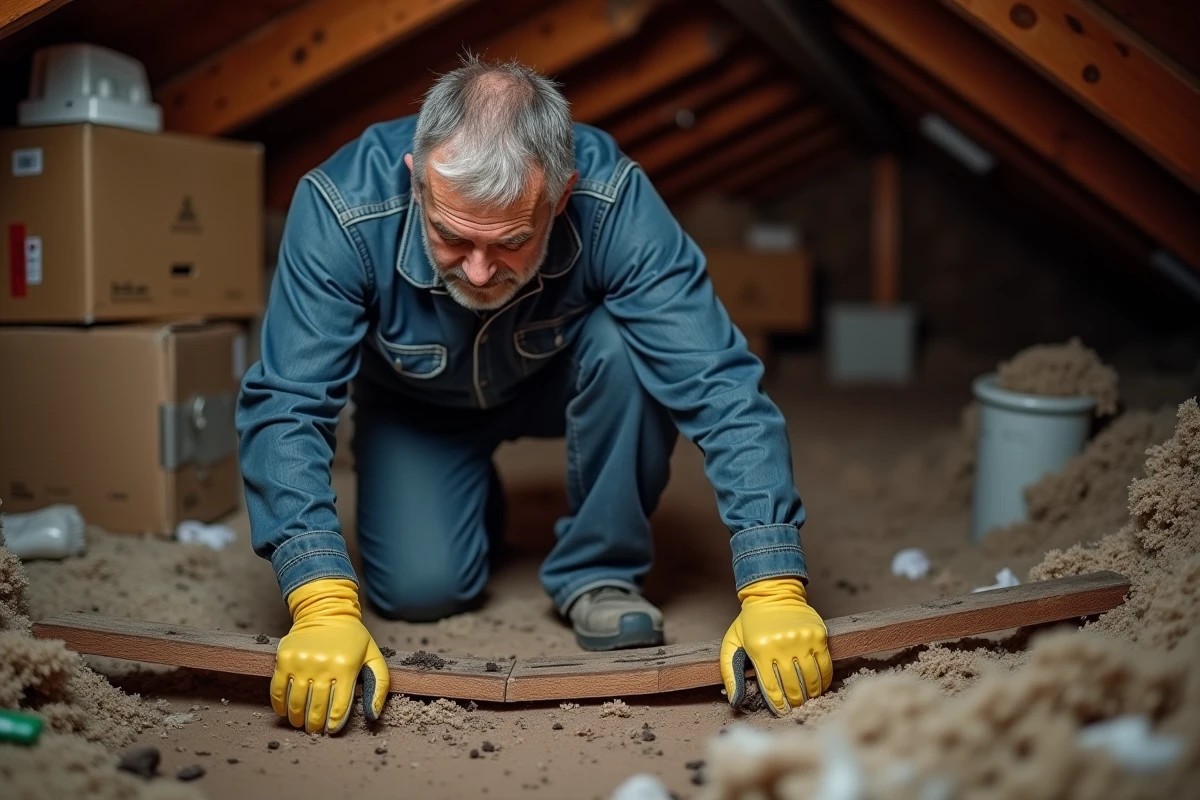 Agent de lutte contre les nuisibles inspecte un grenier