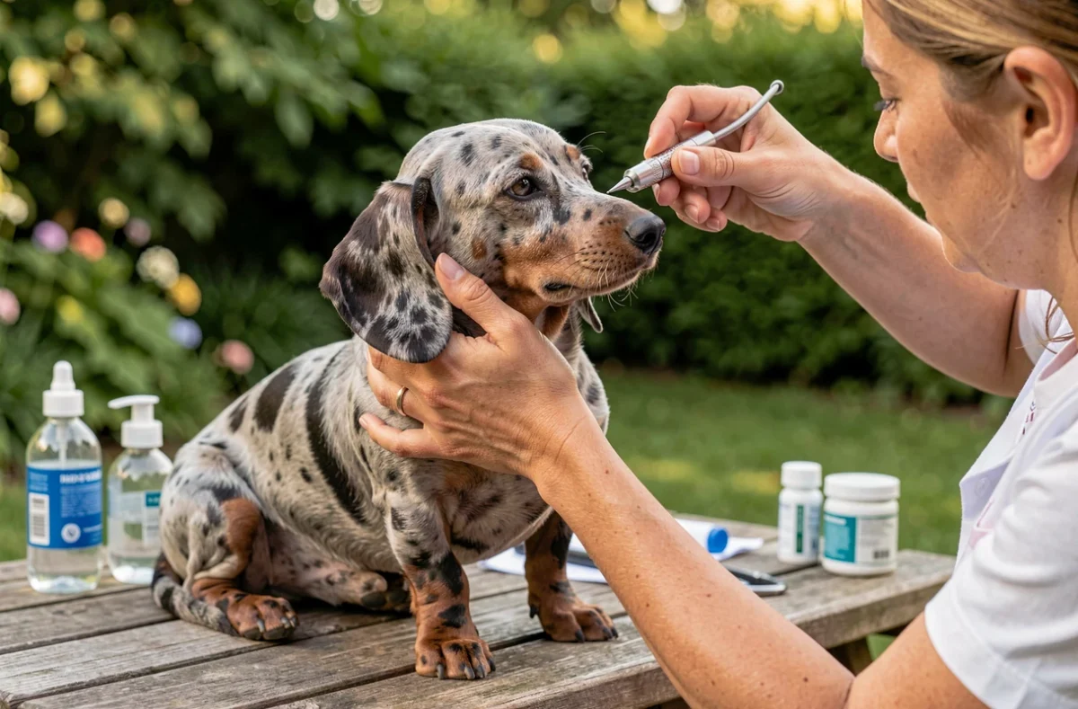 Dépistage ophtalmologique d'un teckel arlequin poil ras en extérieur, contrôle préventif des risques oculaires liés au gène merle