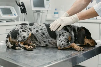 Teckel arlequin poil ras examiné par un vétérinaire sur une table de consultation, mise en valeur de la santé spinale