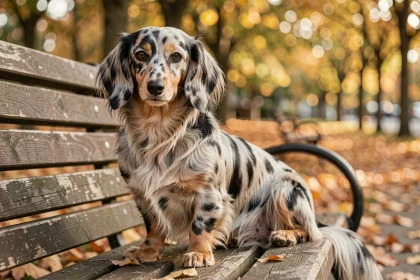 Teckel arlequin à poils longs assis sur un banc en bois dans un parc en automne, robe merle grise et noire très détaillée