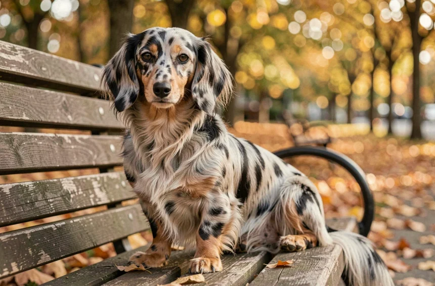 Teckel arlequin à poils longs assis sur un banc en bois dans un parc en automne, robe merle grise et noire très détaillée
