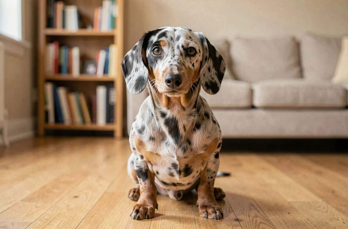 Teckel arlequin poil ras assis dans un salon, portrait naturel illustrant la morphologie et le pelage caractéristique de la race