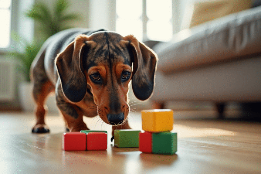 Teckel dapple jouant avec un puzzle coloré dans le salon