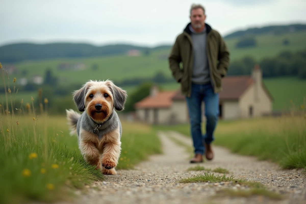 Teckel Kaninchen à poil dur se promenant avec son éleveur dans un pré de campagne française