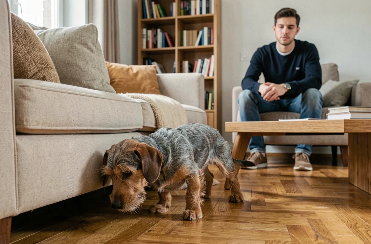 Teckel nain adulte à poil dur explorant un appartement moderne sous le regard bienveillant de son nouveau propriétaire