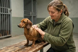 Femme bénévole en refuge caressant un teckel nain adulte roux sur un banc en bois, ambiance douce et authentique d'un refuge animalier