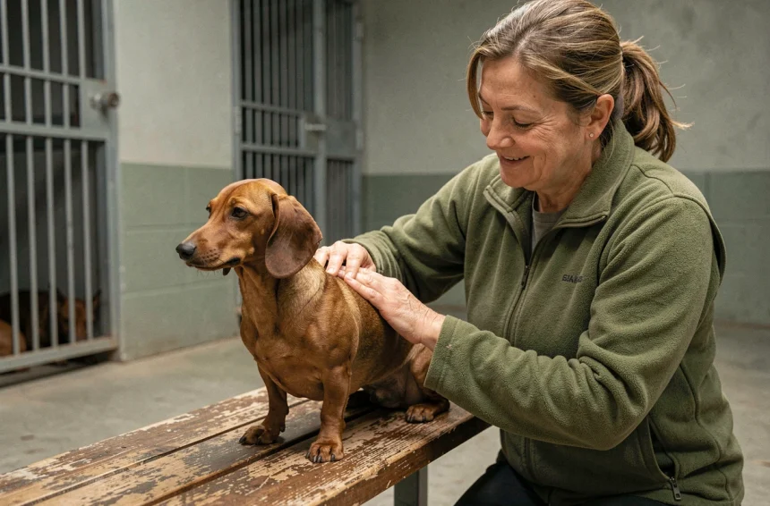 Femme bénévole en refuge caressant un teckel nain adulte roux sur un banc en bois, ambiance douce et authentique d'un refuge animalier