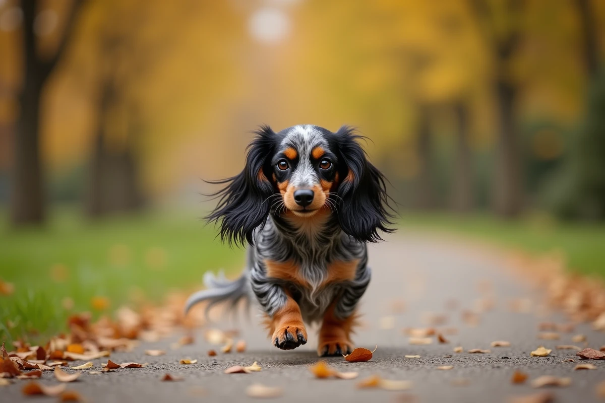 Teckel nain poil long arlequin en promenade dans un parc automnal, feuilles dorées au sol, robe merle aux motifs bicolores distinctifs