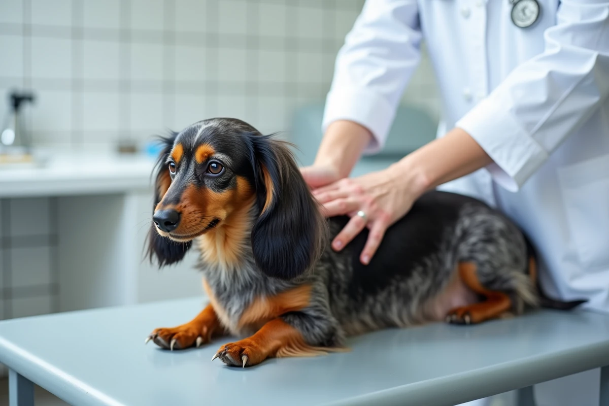 Teckel nain poil long arlequin examiné par un vétérinaire sur une table de consultation, contrôle de santé de la colonne vertébrale, race à surveiller