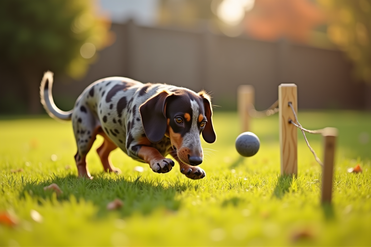 Teckel dapple récupérant une balle dans le jardin ensoleille