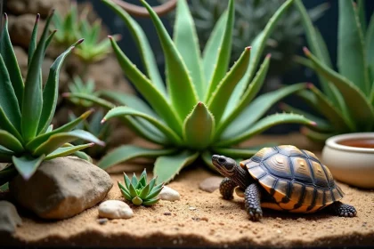 Terrarium sec pour tortue Hermann avec plantes succulentes robustes résistant aux grignotages