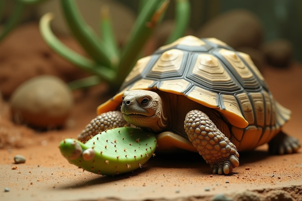 Tortue grignotant un segment de cactus opuntia dans un terrarium sec naturel