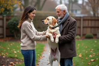 Femme donnant un labrador à un homme âgé dans un jardin