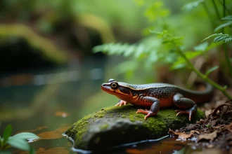 Triton commun posé sur une roche moussue au bord d'un étang forestier, animal en N idéal pour le scrabble et le petit Bac