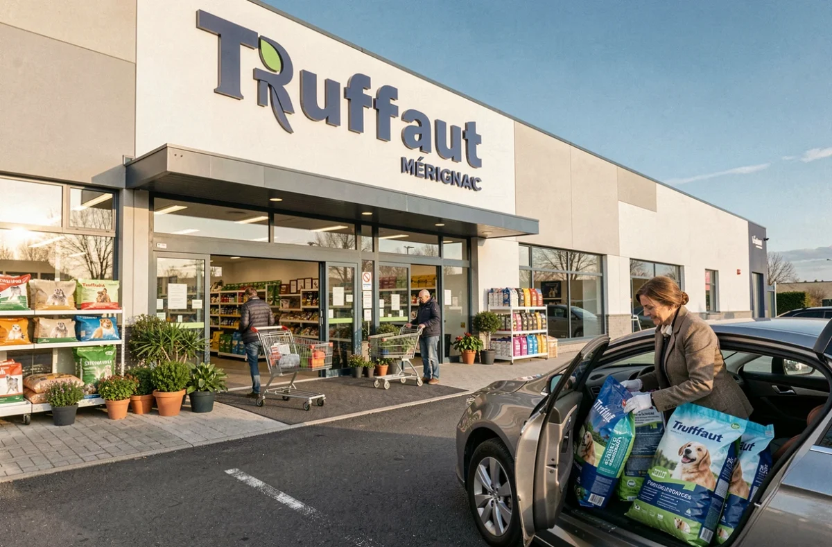 Devanture du magasin Truffaut à Mérignac avec des clients chargeant des produits pour animaux dans leur voiture