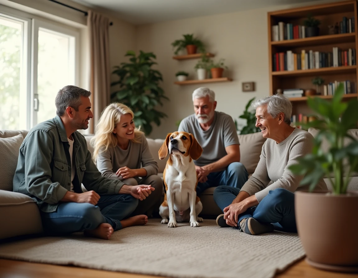 Valérie et François Lavore, éducateurs canins à domicile, travaillent avec un Beagle et ses propriétaires dans un salon familial chaleureux