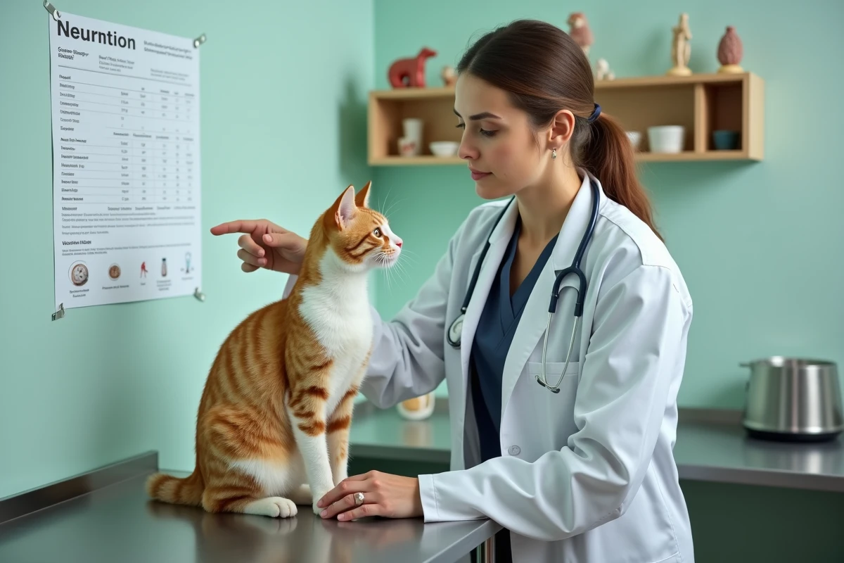 Vétérinaire expliquant les besoins nutritionnels d'un chat stérilisé lors d'une consultation clinique avec un graphique alimentaire