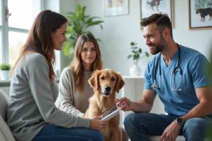 Vétérinaire expliquant des documents à un couple avec leur chien
