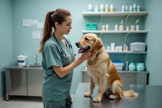 Vétérinaire examinant doucement un chien dans une clinique moderne