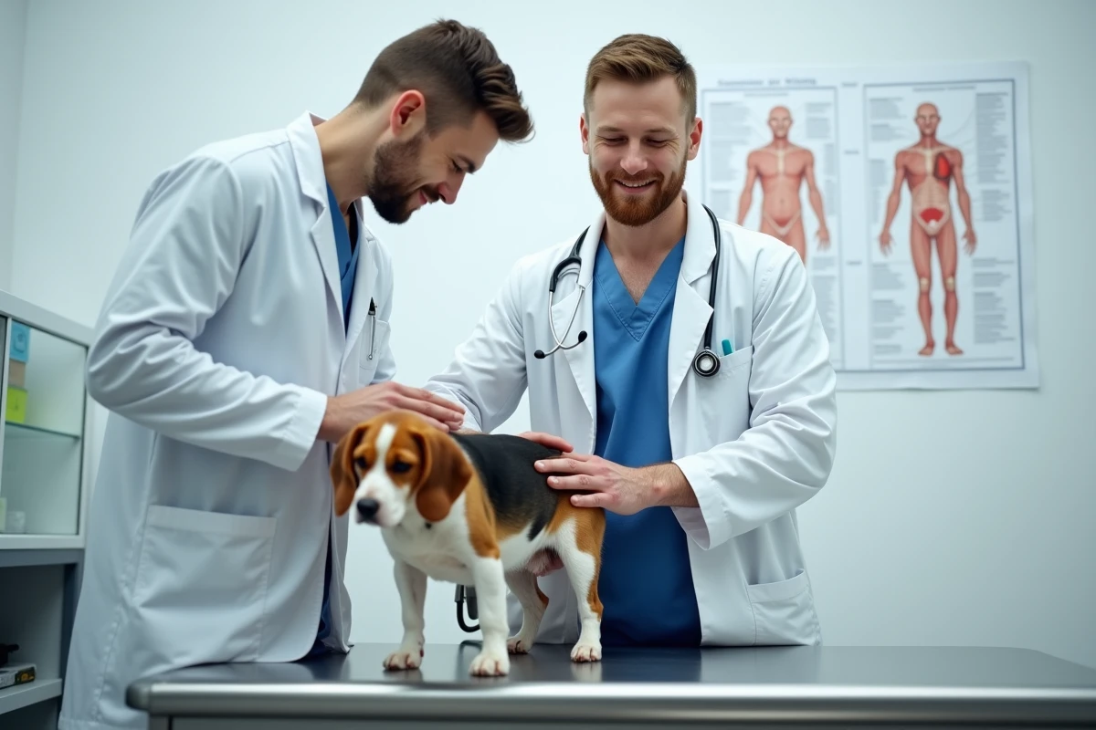 Vétérinaire examinant un beagle sur une table d'examen en acier inoxydable dans une clinique vétérinaire propre