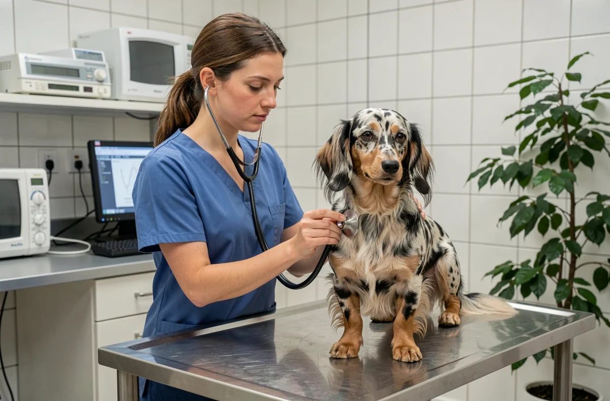 Vétérinaire examinant un teckel à poils longs arlequin sur une table d'examen en clinique, illustrant l'importance de l'assurance santé pour chien