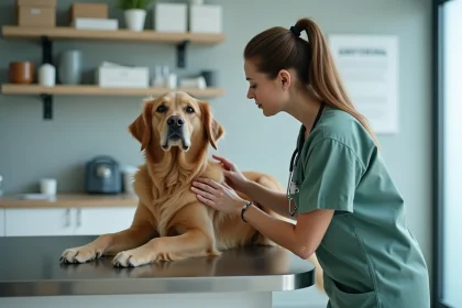 Vétérinaire examinant un golden retriever dans une clinique moderne, illustrant les tendances 2026 du monde animal
