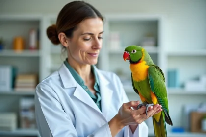 Vétérinaire examinant un kakariki vert et jaune dans une clinique