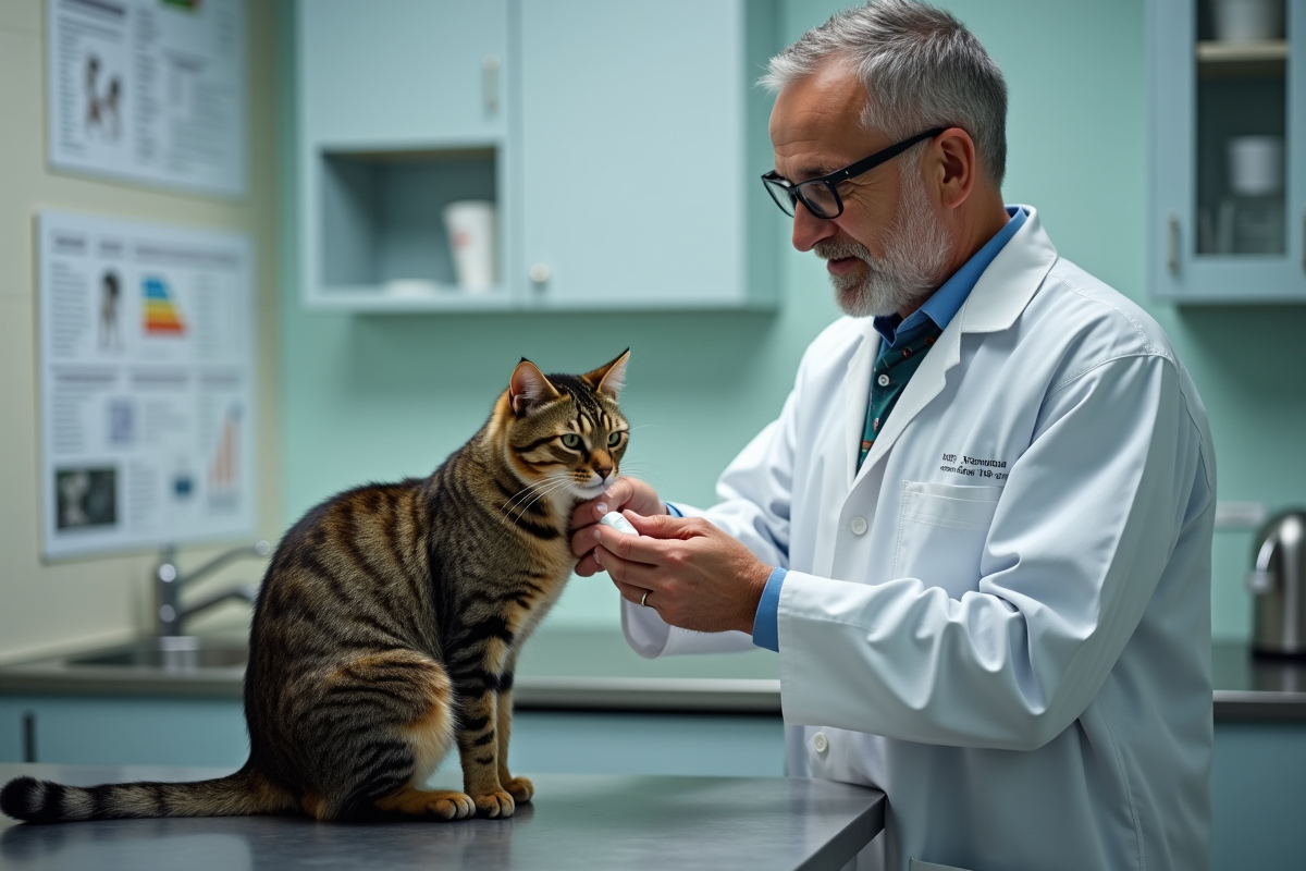 Vétérinaire senior préparant un médicament pour chat en clinique