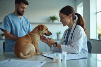 Vétérinaire examinant un chien avec test ADN et dossier