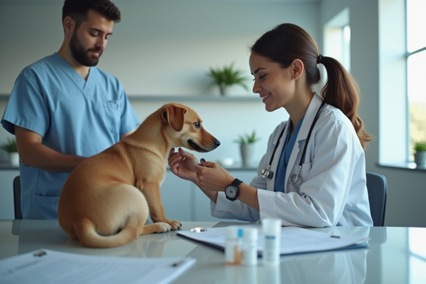 Vétérinaire examinant un chien avec test ADN et dossier