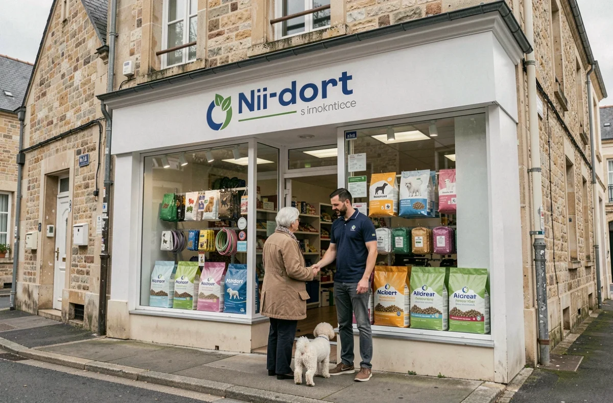 Façade de Villaverde à Niort avec un employé accueillant une cliente et son petit chien devant la boutique