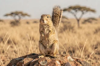 Xerus debout sur un rocher dans la savane africaine, animal commençant par la lettre X