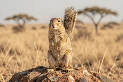 Xerus debout sur un rocher dans la savane africaine, animal commençant par la lettre X