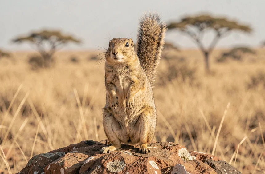 Xerus debout sur un rocher dans la savane africaine, animal commençant par la lettre X