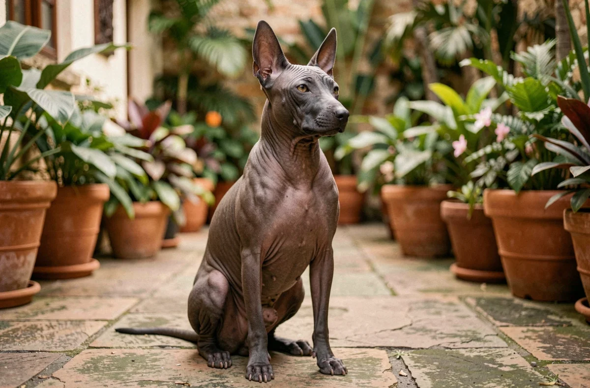 Xoloitzcuintli, chien nu mexicain assis dans une cour en pierre, animal exotique commençant par X