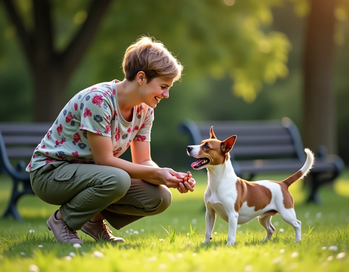 Une éducatrice enthousiaste de Y Mettre du Chien joue avec un Jack Russell Terrier accroupie dans un parc, illustrant une approche positive et ludique